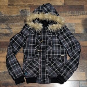 Billabong Black and Gray Plaid Jacket with Faux Fur Hood